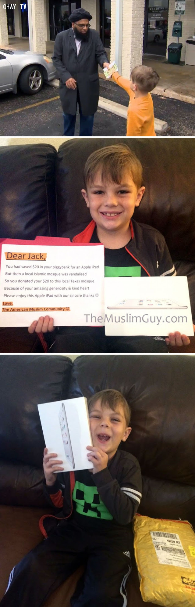 Cậu bé Jack 9 tuổi quyên góp 20 đô-la tiền tiết kiệm mua Ipad cho nhà thờ Hồi giáo bị hư hại. Sau này cậu bé được tặng một chiếc Ipad vì hành động hào hiệp.,Hoa Kỳ,nước mỹ,lòng nhân ái