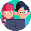 An illustration of two girls at a laptop.