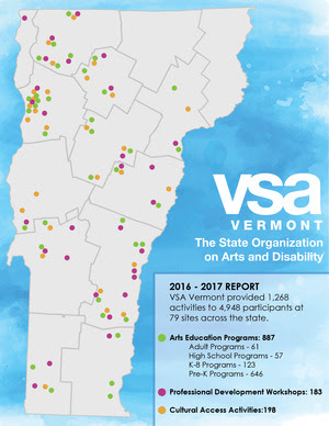 A gray map of Vermont is speckled with colored dots around the state representing the locations of VSA Vermont programs. A gray map of Vermont is speckled with colored dots around the state representing the locations of VSA Vermont programs.