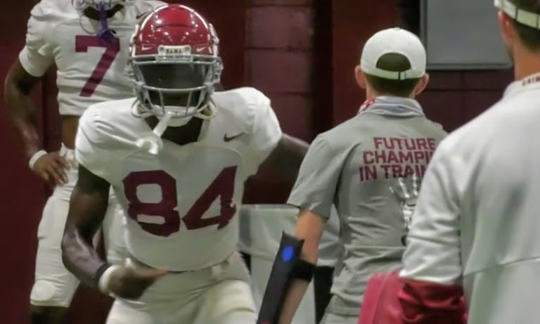 Agiye Hall (#84) going through drills in practice for Alabama
