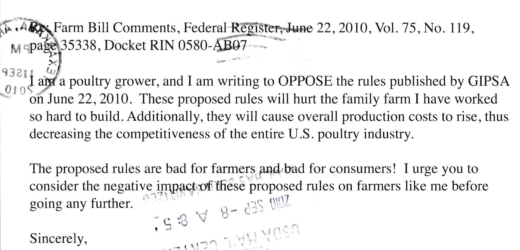 An image of a farm bill comment from June 22, 2010.