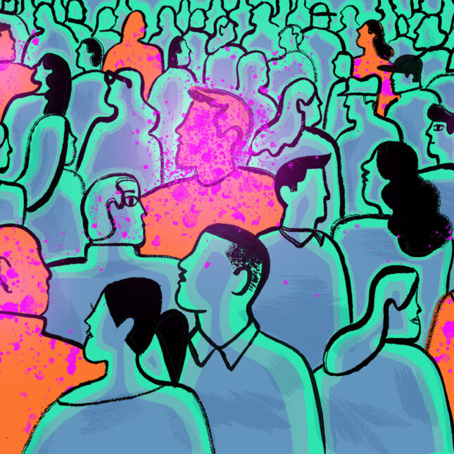 Illustration of a crowd of people, mostly adults. Some with pink spots surrounding them, representing germs spreading. -- infectious disease reporting from STAT