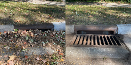A storm drain before and after clearing