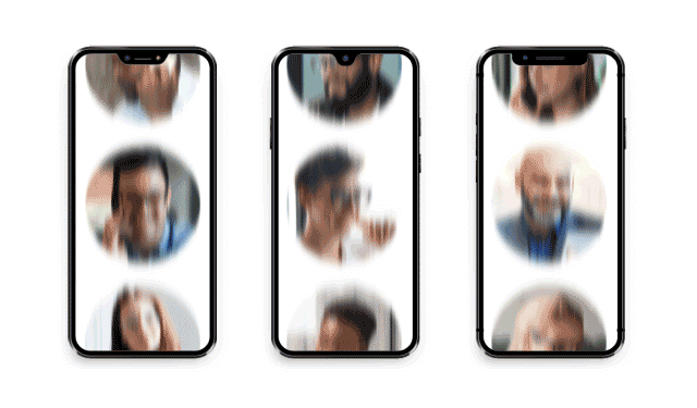 Three smartphone screens with photos of business employees