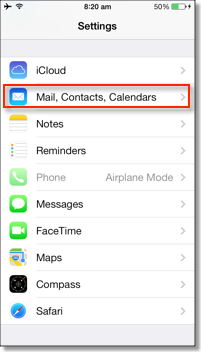 settings for mail, calendar, contacts on iphone