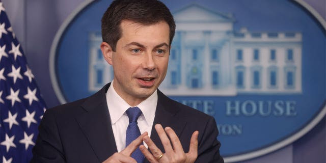 U.S. Secretary of Transportation Pete Buttigieg
speaks to the news media during a press briefing at the
White House in Washington, U.S., November 8, 2021.
REUTERS/Leah Millis