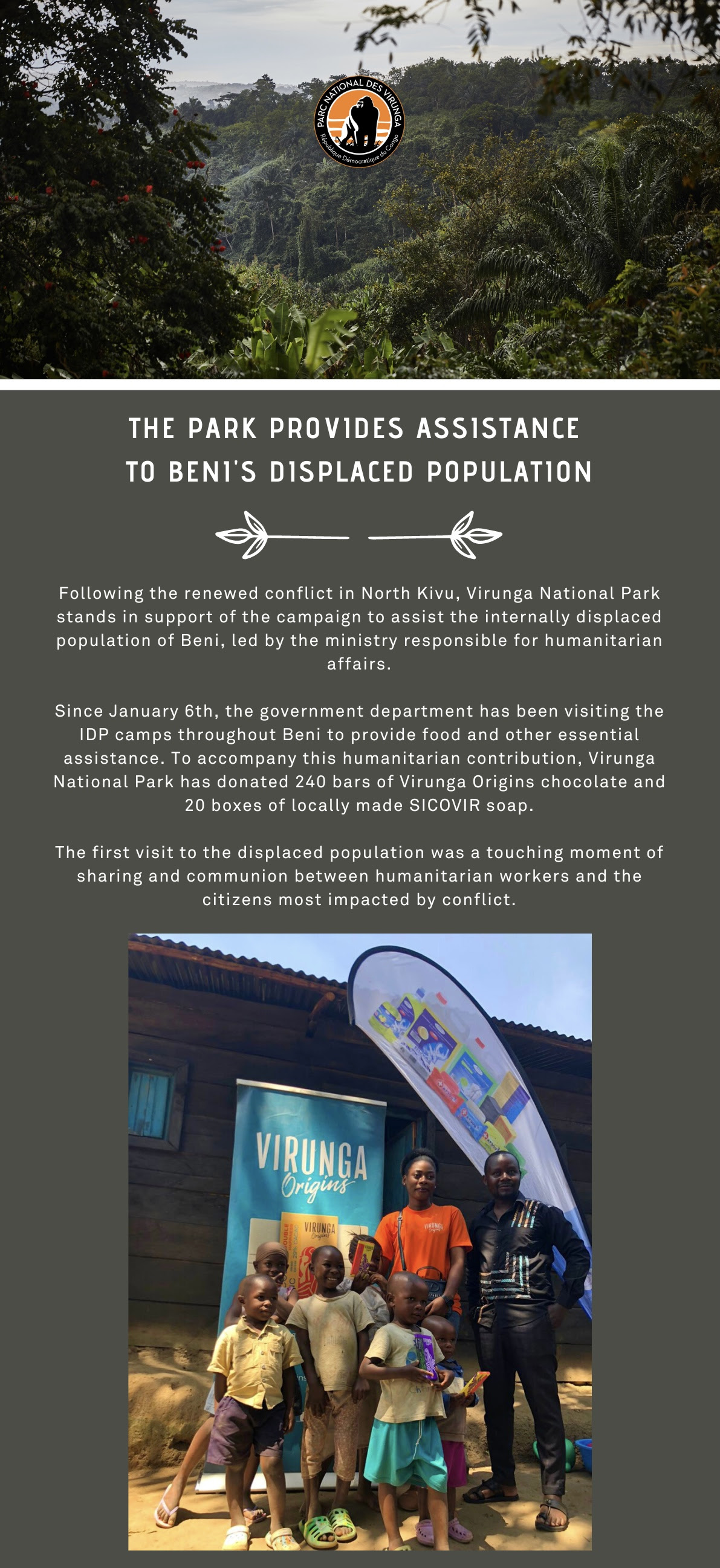 Following the renewed conflict in North Kivu, Virunga National Park stands in support of the campaign to assist the internally displaced population of Beni, led by the ministry responsible for humanitarian affairs.