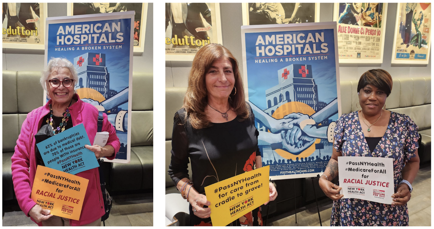 A collage of folks standing in front of the movie poster, holding

signs expressing different reasons why they support the New York

Health Act.