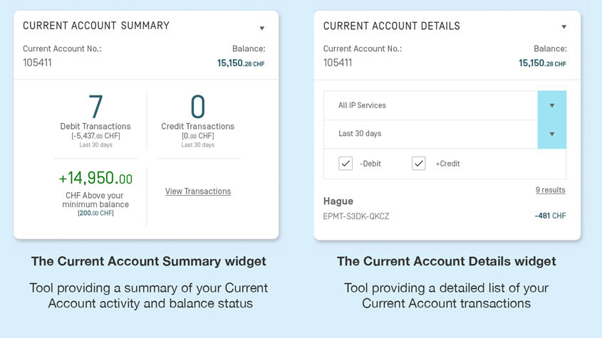 Screenshot showing the Current Account at WIPO widgets