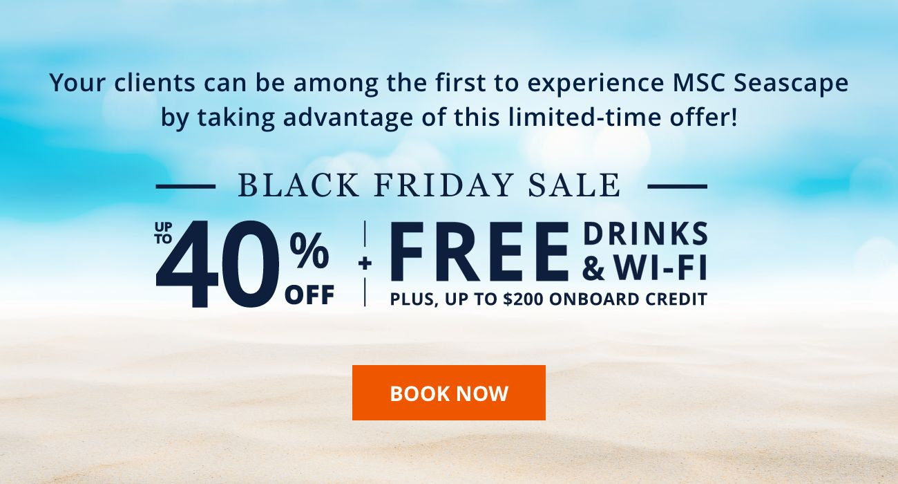 Your clients can be among the first to experience MSC Seascape by taking advantage of this limited-time offer! FREE BALCONY UPGRADES + KIDS SAIL FREE + UP TO $500 ONBOARD CREDIT ? BOOK NOW