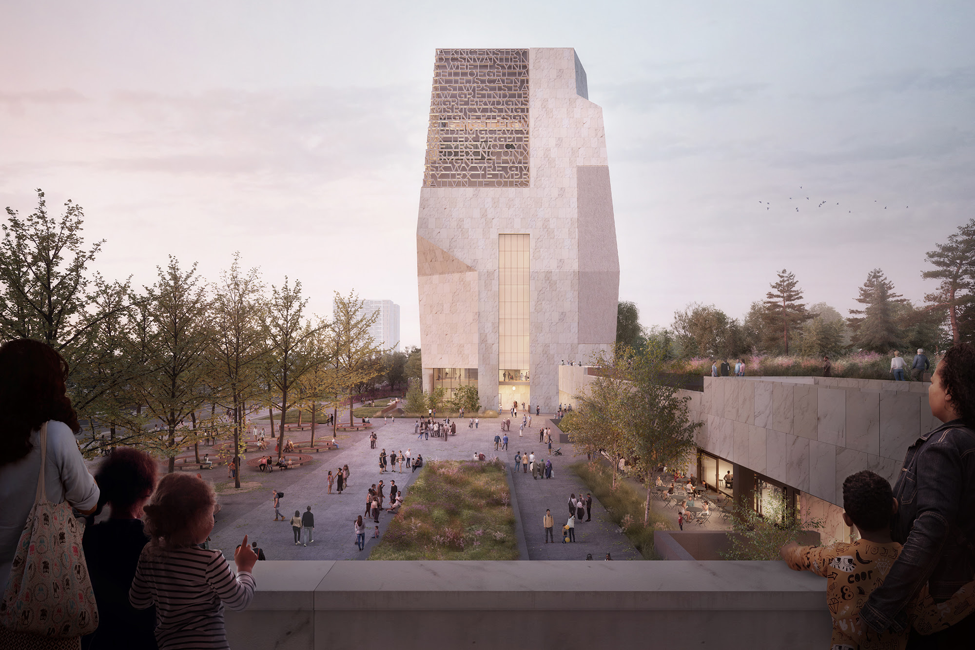 A rendering of the Obama Presidential Center featuring a large, light-stoned building front and center, with walkways filled with people in front of it.