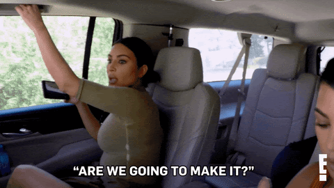 Kim Kardashian in a car wondering if we're going to make it