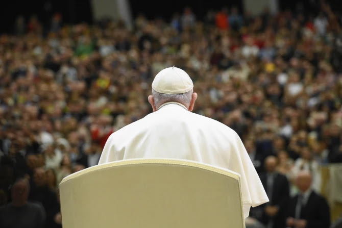 Pope Francis at his general audience in Paul VI Hall on Feb. 15, 2023.