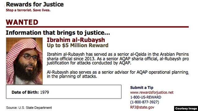 Thông cáo truy nã giáo sĩ Hồi giáo al-Qaida Ibrahim al-Rubaish, với giải thưởng 5 triệu đôla, do Bộ Ngoại giao Hoa Kỳ đưa ra