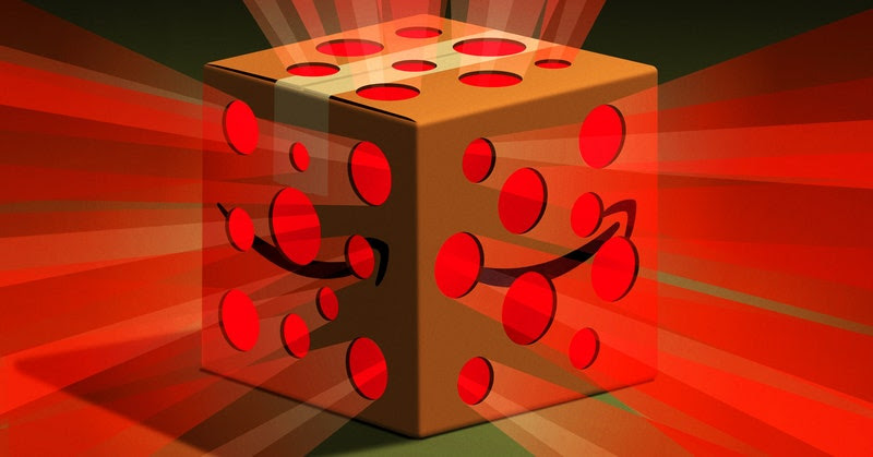 Illustration of Amazon package covered in holes with beams of red light spilling out