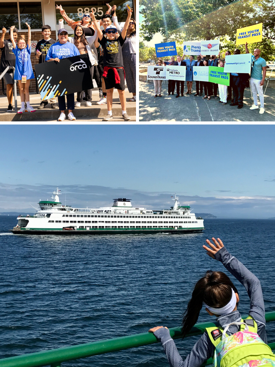 A child waves at a passing ferry in the Puget Sound, and Washington youth and legislators celebrate the launch of free youth public transit. 