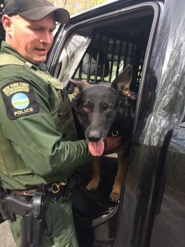 ECO and K9 partner gettingout of back of truck