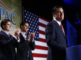 Republican presidential candidate, former Massachusetts Gov. Mitt Romney is applauded by sons Josh, center, and Tagg, left, as he speaks at a Colorado Conservative Political Action Committee (CPAC) meeting in Denver, Thursday, Oct. 4, 2012. (AP Photo/Charles Dharapak)