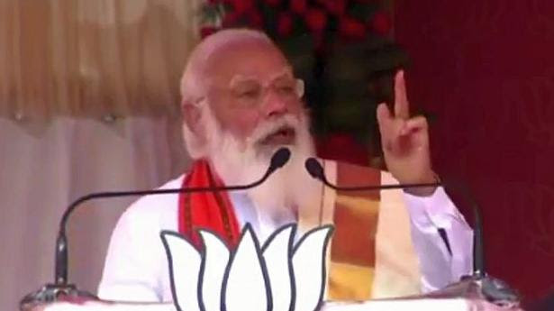 Prime Minister Narendra Modi during an election campaign in in Palakkad, Kerala on Tuesday, March 30, 2021.