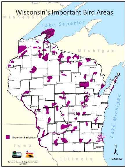 Map showing Important Bird Areas in Wisconsin 