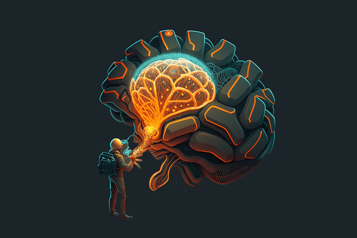 Computer illustration of man dressed as maintenance worker working on a brain