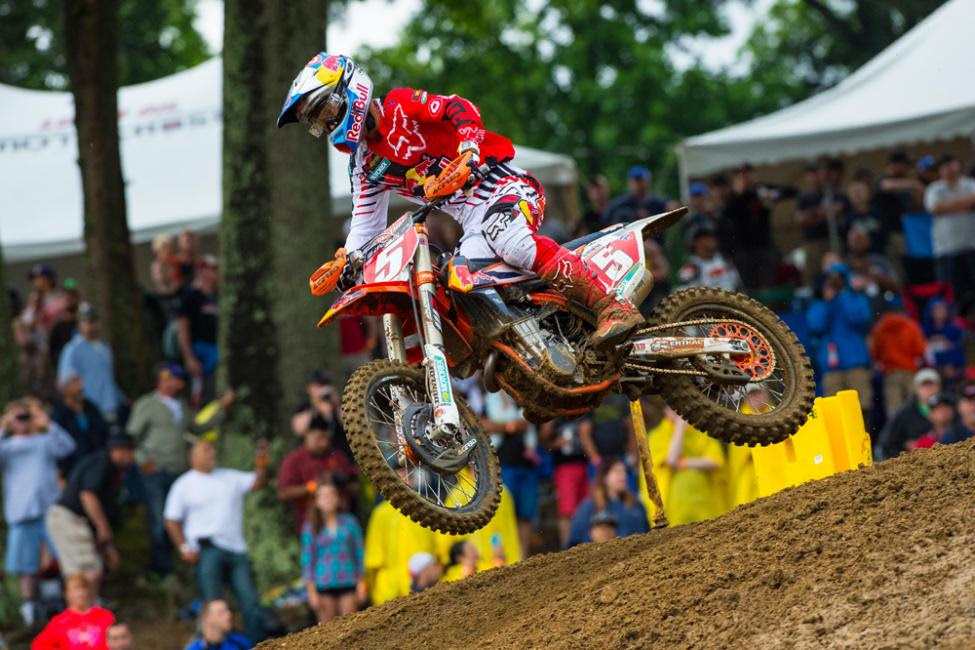 Dungey dominated the first moto, but suffered a scary crash to start Moto 2 that relegated him to a finish off the overall podium for the first time this season.Photo: Simon Cudby