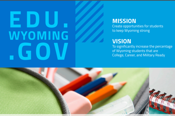 A view of the cover of the snapshot shows the Wyoming Department of Education's URL, edu.wyoming.gov, and mission to Create opportunities for students to keep Wyoming strong with the vision To significantly increase the percentage of Wyoming students that are College, Career, and Military Ready. A stock photo of colored pencils, an eraser, a ruler, a calculator and a notebook in a bright green backpack is also seen.
