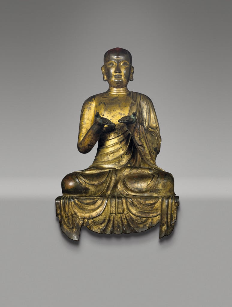 Gilt bronze seated Luohan, China Ming dynasty (first half of the 15th century), from the collection of the Tsz Shan Monastery