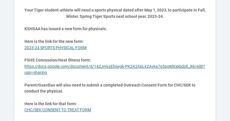Your Tiger student-athlete will need a sports physical dated after May 1, 2023, to participate in...