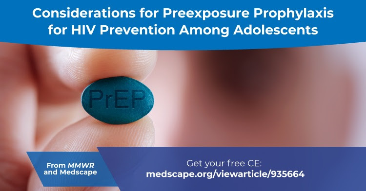 The figure is a photo of a young man holding a PrEP pill with text about a free CE activity on considerations for preexposure prophylaxis for HIV prevention among adolescents.