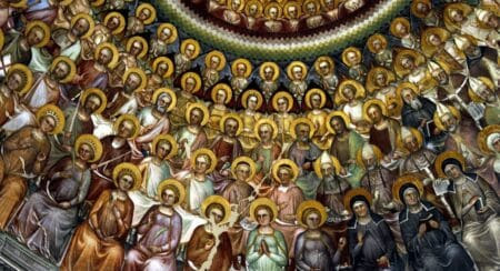 Close-up of communion of saints icon showing circular rows of people seated side-by-side
