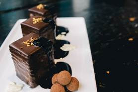 The seven-layer dark chocolate whiskey cake at Guy Fieri’s Vegas Kitchen & Bar