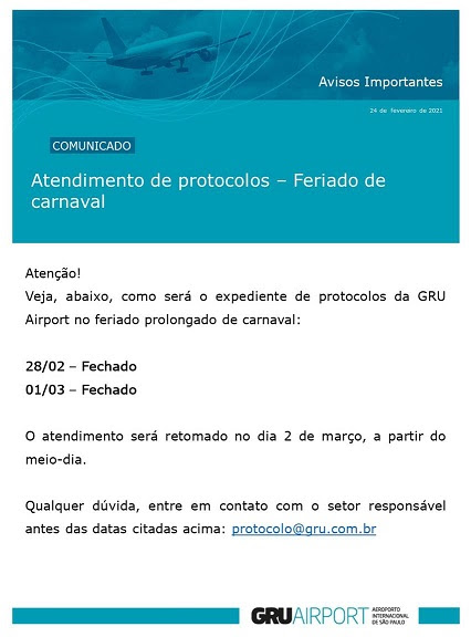 comunicado gru airport - atendimento de protocolos