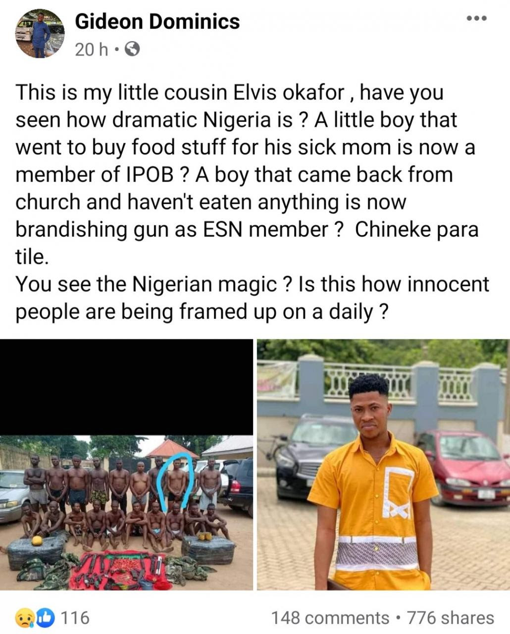 Man claims person paraded as IPOB member is his cousin who went to buy food for his sick mum after church