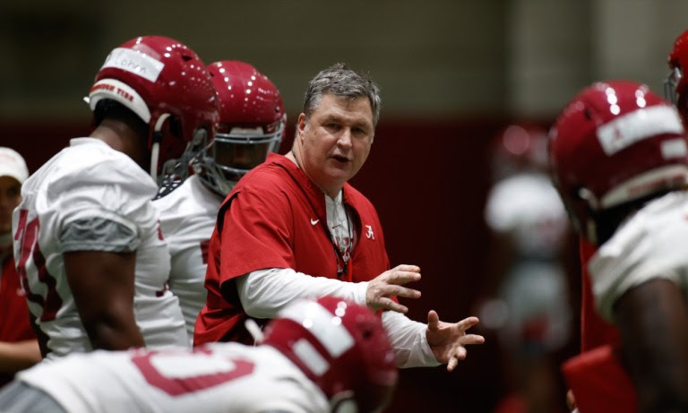 Alabama OL coach, Doug Marrone with his group on the first day of spring practice