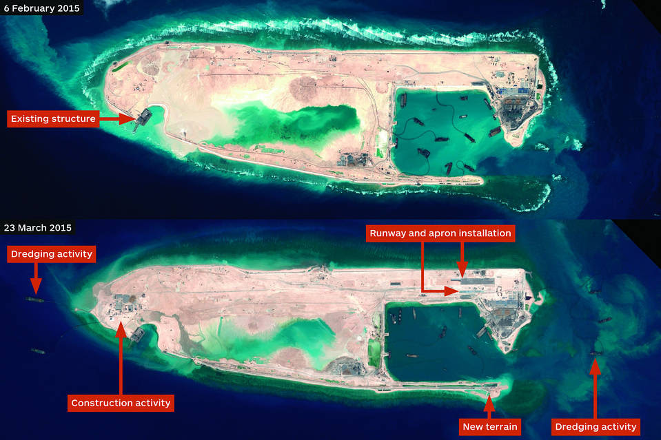 Satellite imagery of runway construction at Fiery Cross Reef in the Spratly Islands dated Feb.... Satellite imagery of runway construction at Fiery Cross Reef in the Spratly Islands dated Feb. 6 and March 23 by Airbus Defence and Space.