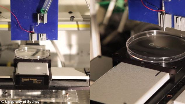 The team's 3D printer in action, gradually building up blood vessels layer by layer