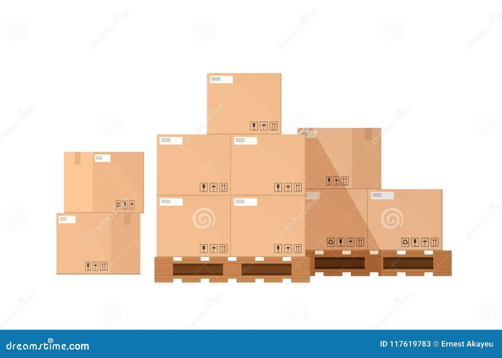 Pile or Stack of Cardboard or Carton Boxes on Wooden Pallet Isolated on