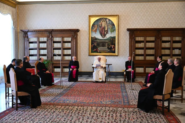 Pope Francis delivers his general audience address in the library of the Apostolic Palace Jan. 20, 2021. Credit: Pablo Esparza/CNA.
