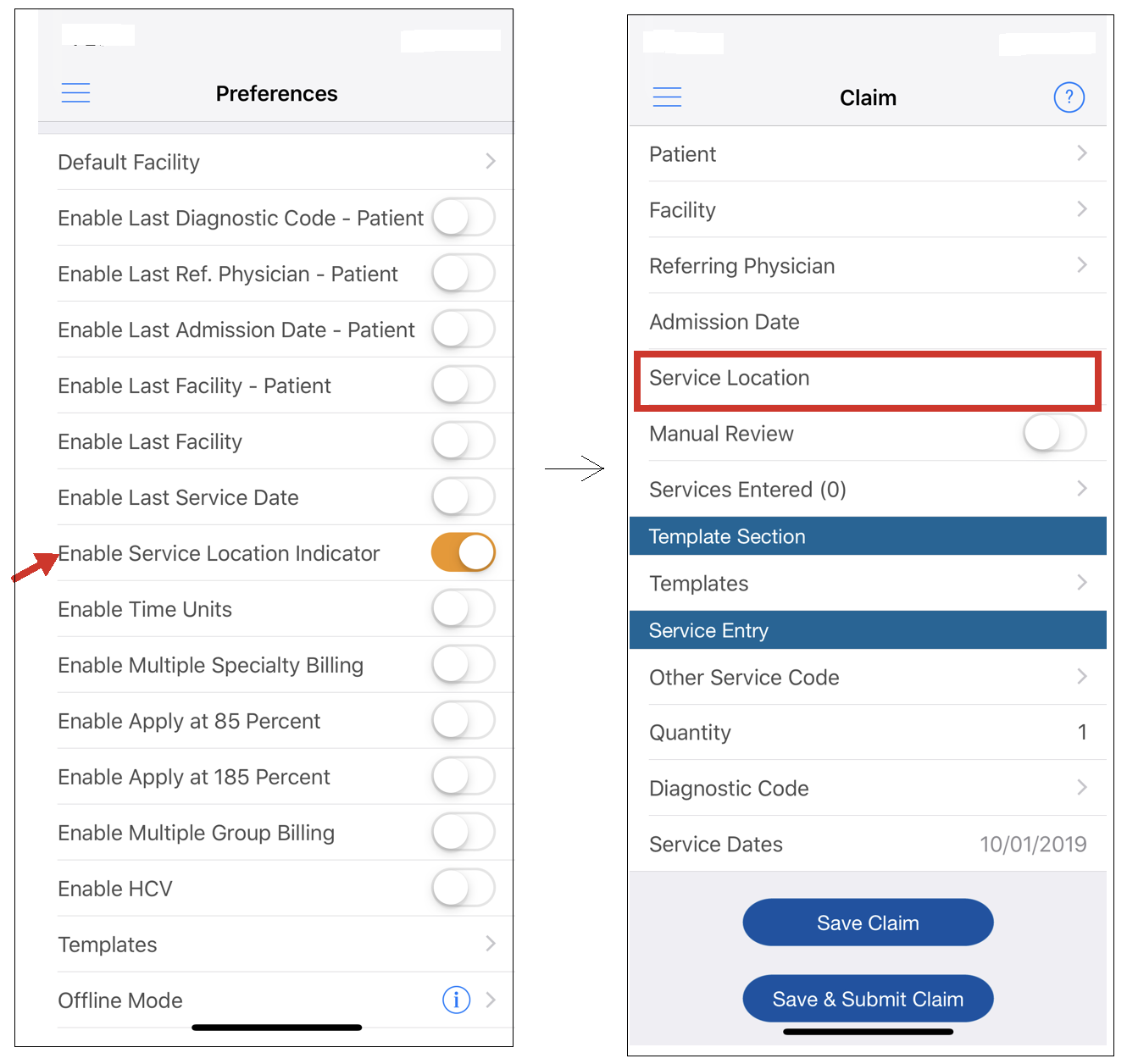 Selecting the service location on mobile billing app