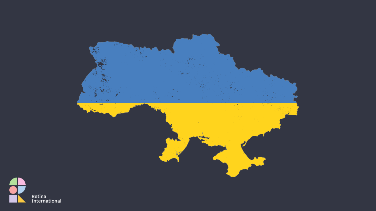 Charcoal graphic with colourful R I logo in bottom left corner. In the center is an outline of the country of Ukraine, the top half in blue and the bottom half in yellow.