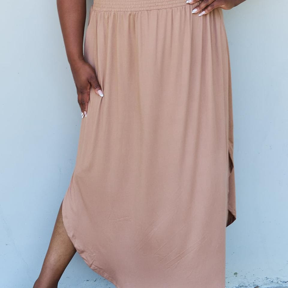 Doublju Comfort Princess Full Size High Waist Scoop Hem Maxi Skirt in Tan