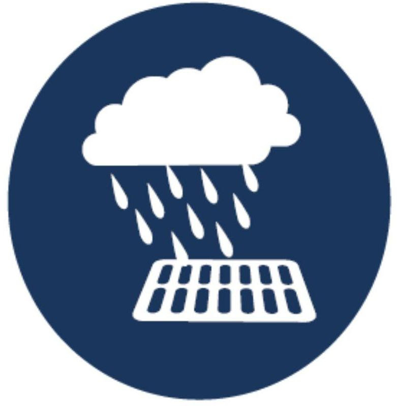 Illustration icon of storm cloud with rain over a drain. 