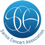 Logo: Flowing SCA written in a blue circle. Sarnia Concert Association written in blue underneath