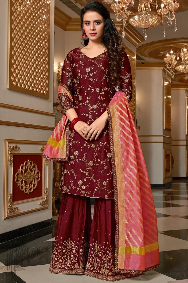 Wine and Pink Satin Georgette Sharara Suit