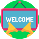An illustration of a sign with the word “Welcome” framed by two trumpets.