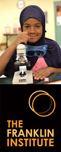 Girl with microscope and Franklin Institute logo