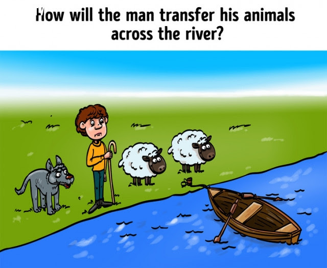 2. Làm cách nào người đàn ông đưa các con vật của mình qua sông?,câu đố,trắc nghiệm