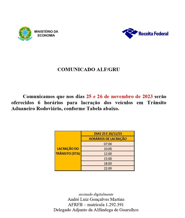 Comunicado ALF GRU Lacração DTA 25 e 26 nov