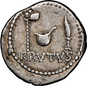 Q. Servilius Caepio (M. Junius) Brutus, as Imperator, assassin of Caesar (44-42 BC). AR denarius (19mm, 3.78 gm, 12h). NGC Choice VF 4/5 - 4/5